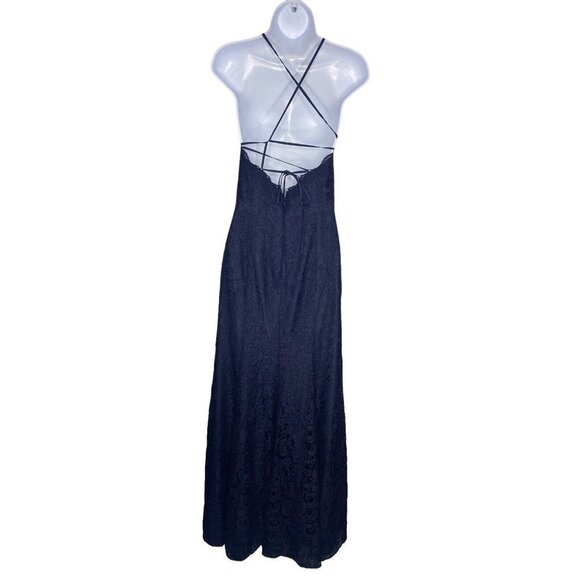 DESSY COLLECTION Halter Criss Cross Open-back Lace Trumpet Gown Navy Size 2 - Picture 5 of 9